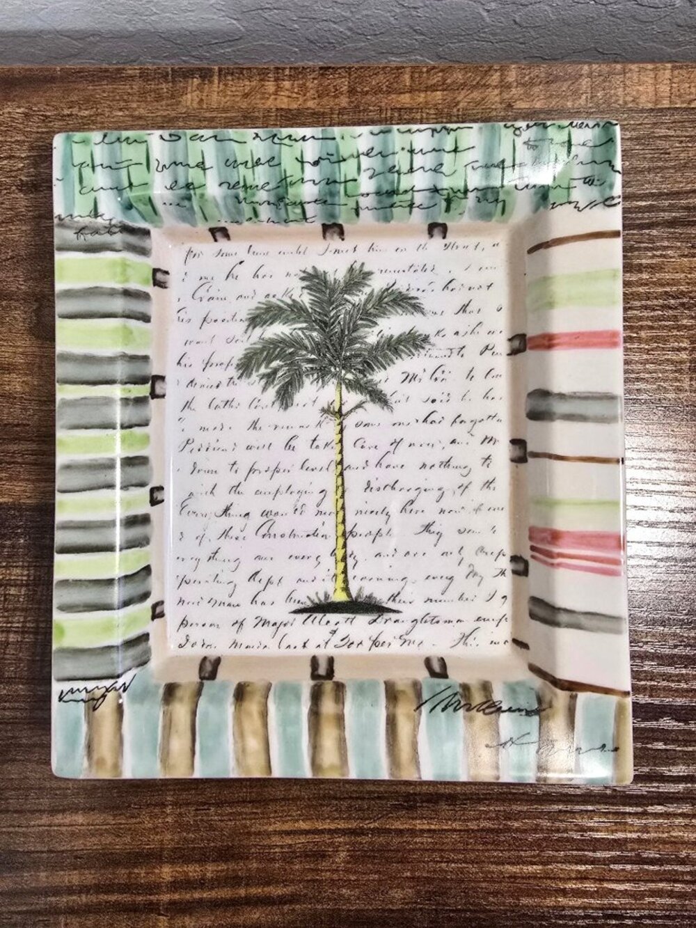 John Derian Palm Tree Desk Tray Hand-Painted Porcelain With Script 7.5"x6.5"